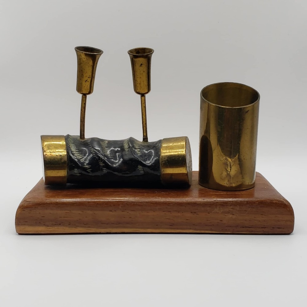 Vintage Wood and Brass Ink Well and Double Pen Holder Paperweight